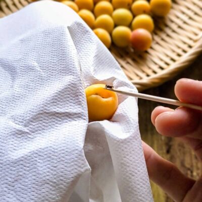 完熟梅のヘタを竹串で取り除く
