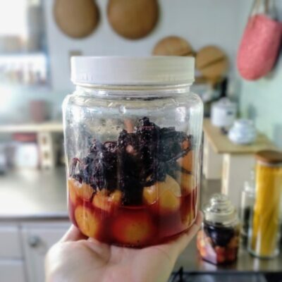梅干しに赤しそを加えてなじませる