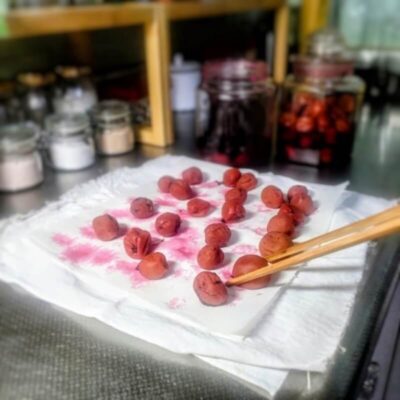瓶から出した梅干しをキッチンペーパーに乗せて水気を切る