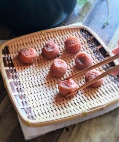 梅干しの土用干しでざるに梅を並べる様子